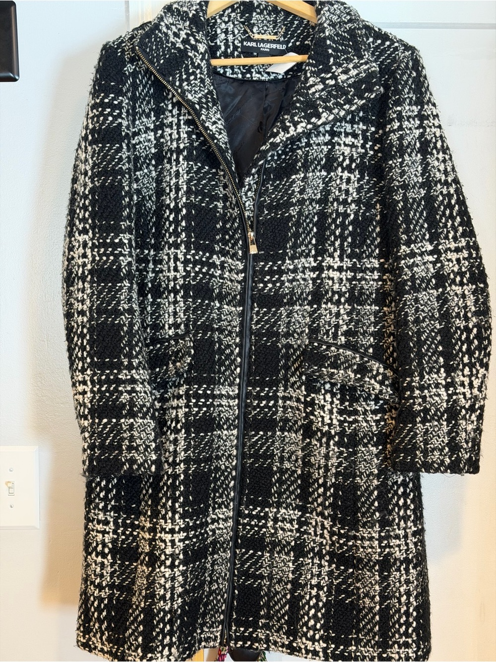 Karl Lagerfeld Black & White Plaid Tweed Zip-Front Coat